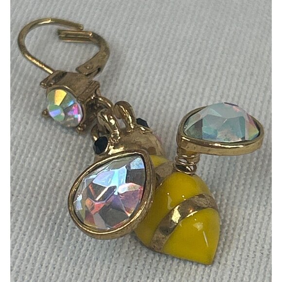 Betsey Johnson Bumble Bee Dangle Earrings Yellow Enamel Crystal Accents - Picture 9 of 9